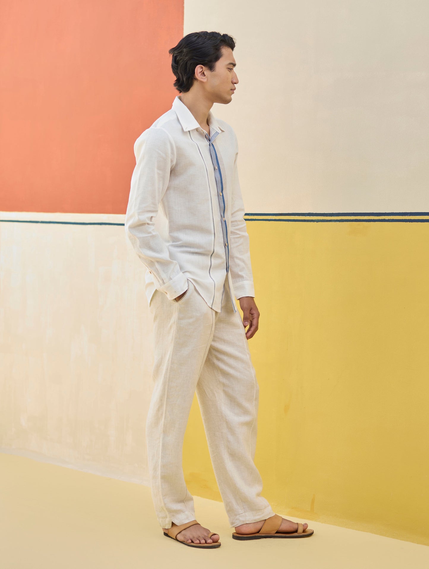 Rin Border Linen Shirt - Ivory