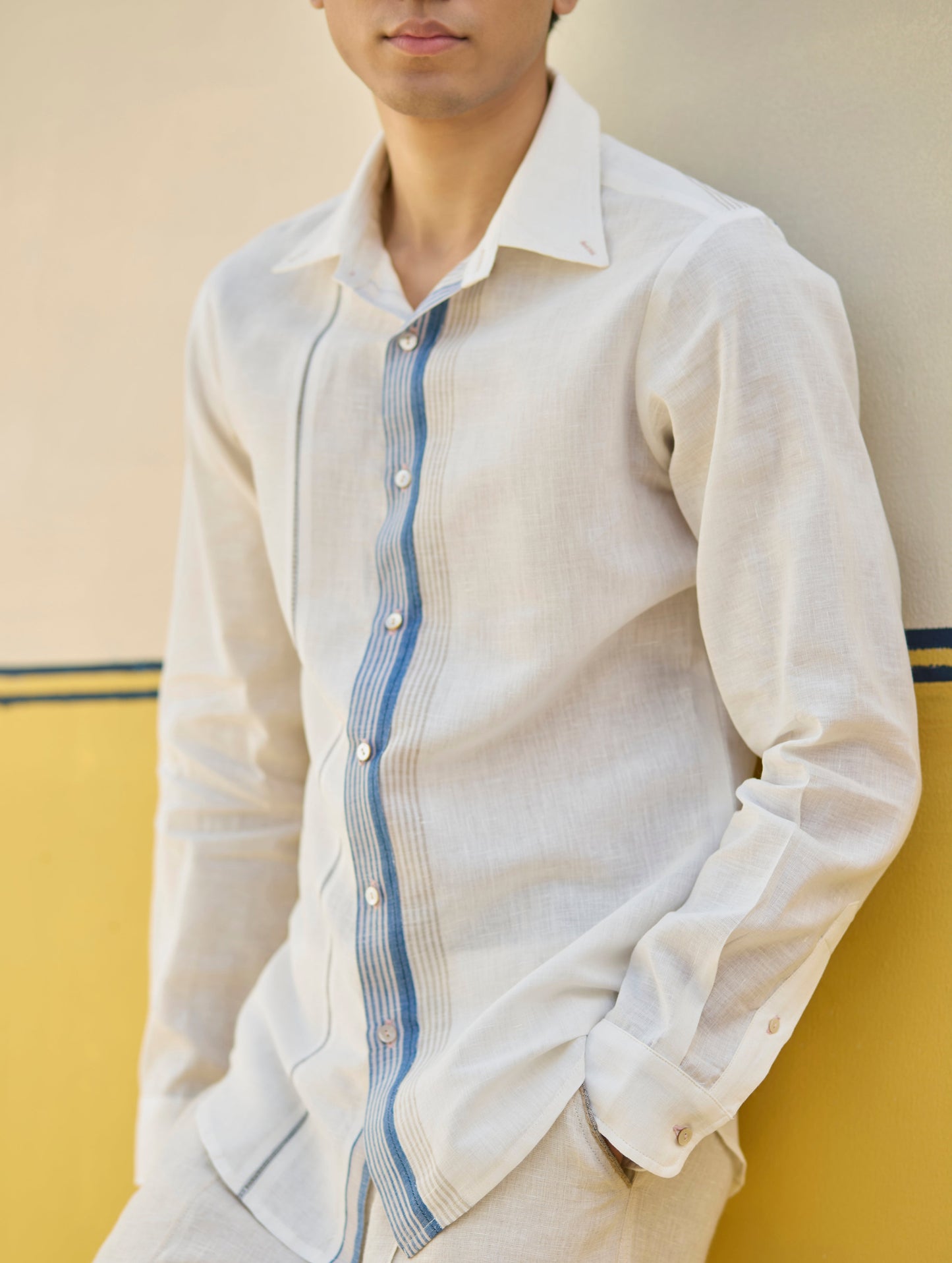 Rin Border Linen Shirt - Ivory