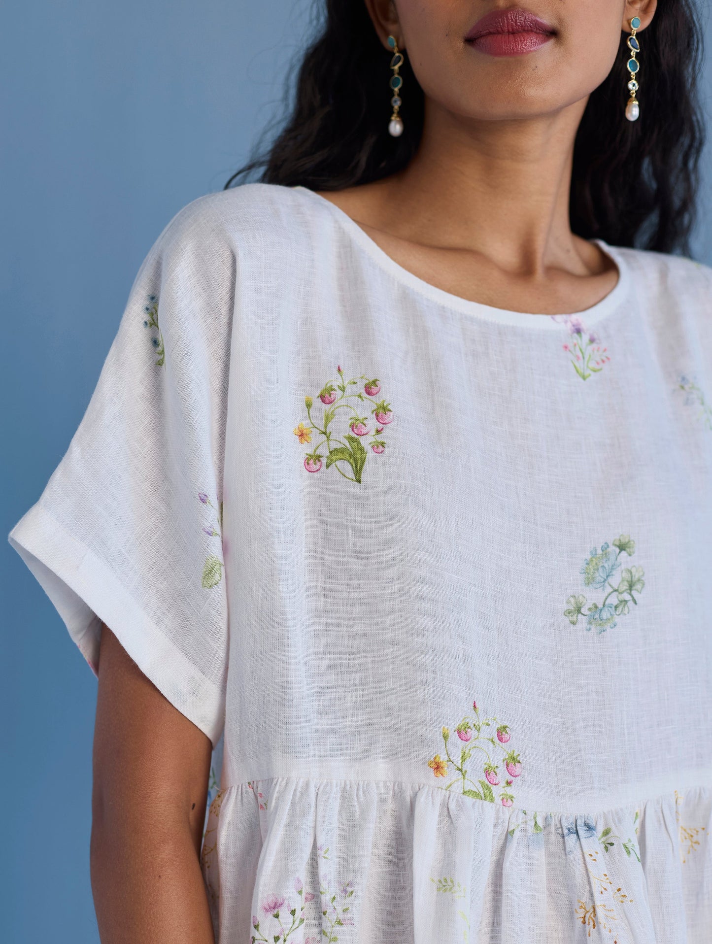 Uniko Pleated Floral Linen Dress - White