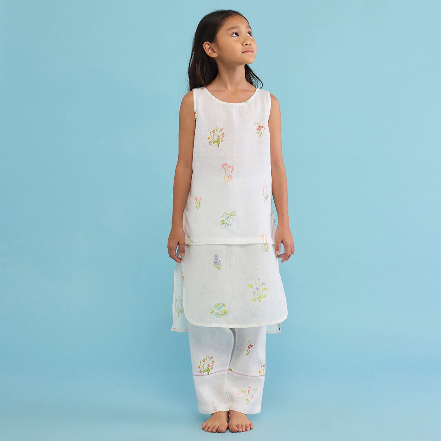 Aneya Patchwork Floral Linen Kurta Set - White