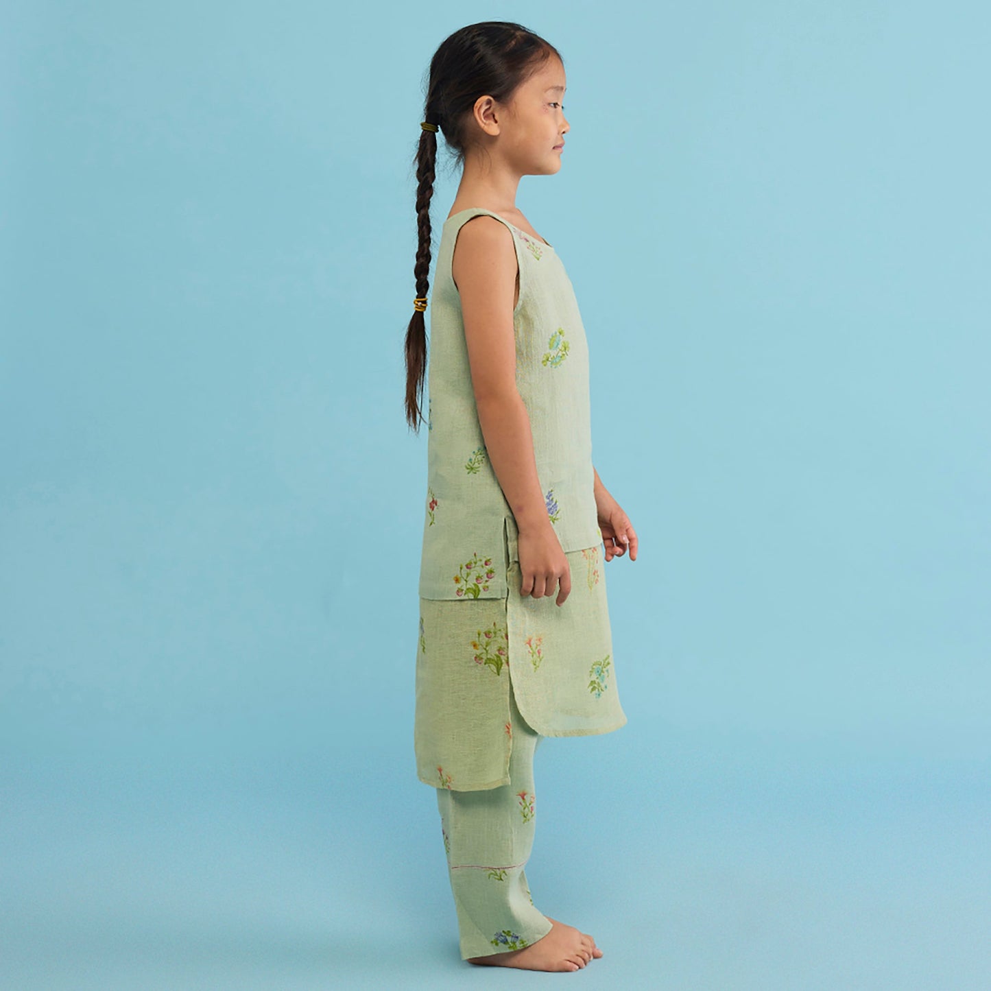 Aneya Patchwork Floral Linen Kurta Set - Mint