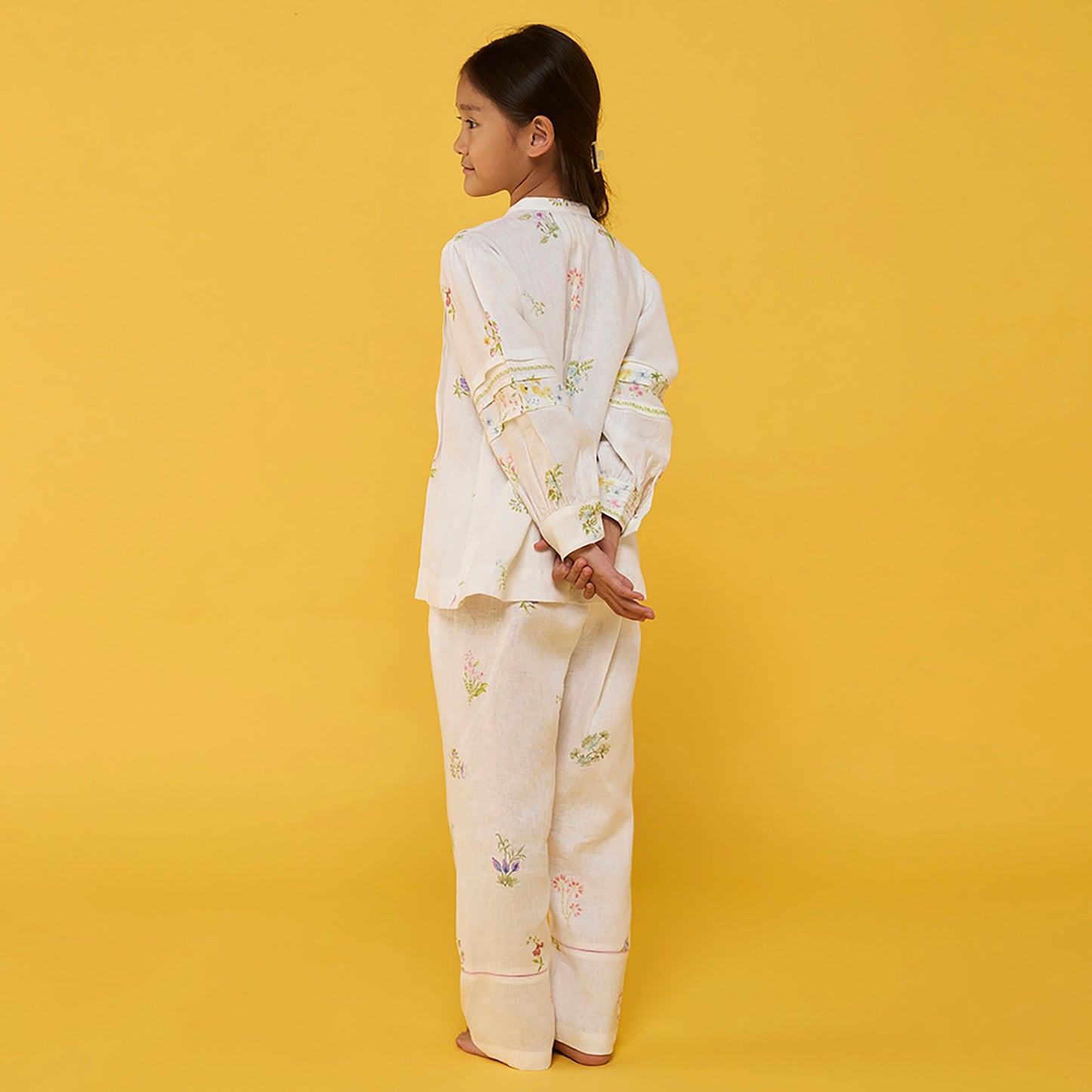 Akavi Pleated Floral Linen Shirt - White