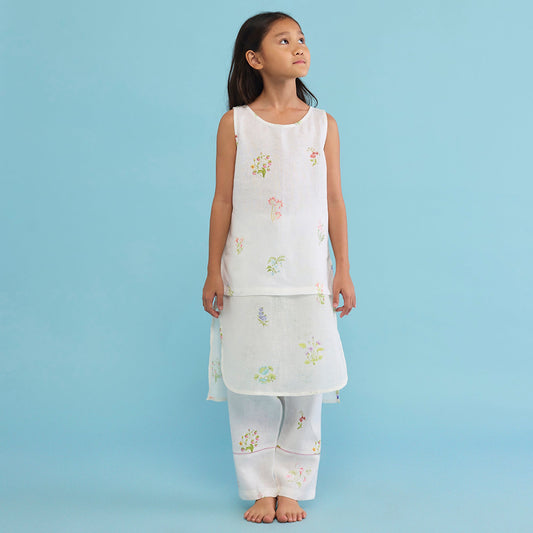 Aneya Patchwork Floral Linen Kurta Set - White